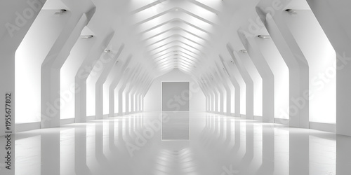 A stark white, modern hallway with clean lines, repeating architectural elements, and a glossy, reflective floor, leading to a distant door
