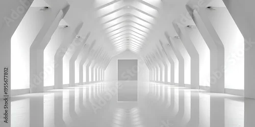 Obraz A stark white, modern hallway with clean lines, repeating architectural elements, and a glossy, reflective floor, leading to a distant door