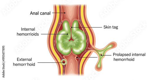 Medical diagram illustrates the anatomy of internal and external hemorrhoids within the anal canal structure