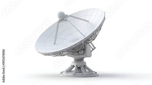 A white satellite dish angled slightly upward against a clean white backdrop, showcasing its intricate structural details