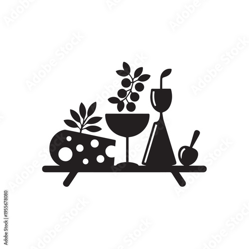 Cheese board still life vector illustration with grapes wine glass cheese and fruit for gourmet food presentation