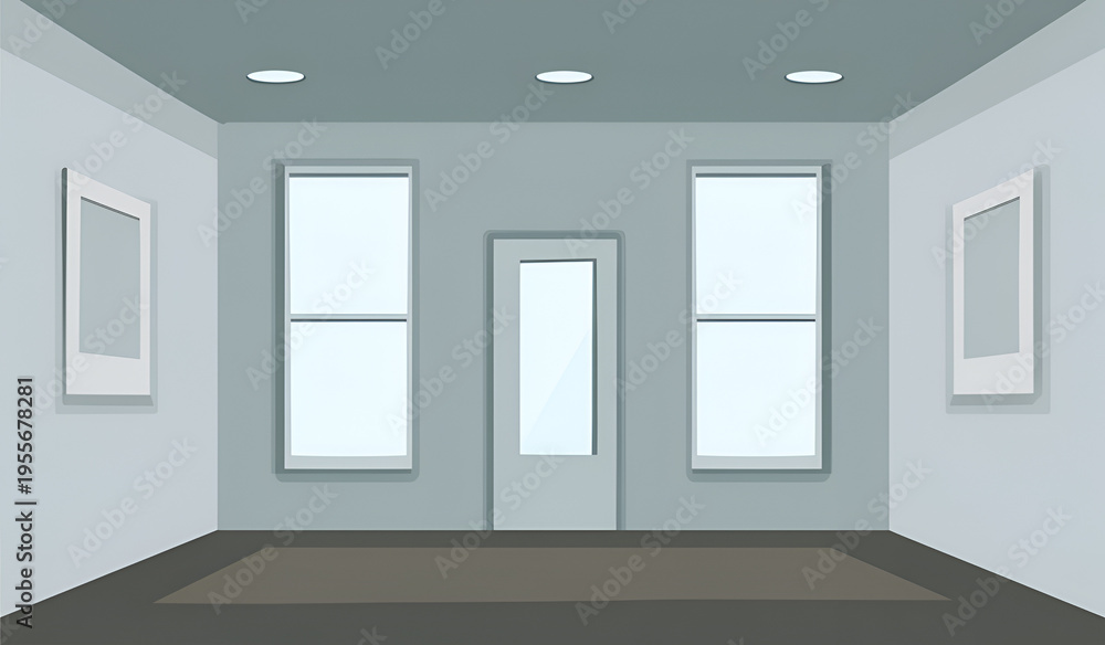 Fototapeta premium Cartoon-style room interior with light gray walls, windows, and doors, accented by art frames. A dark rug rests on the floor