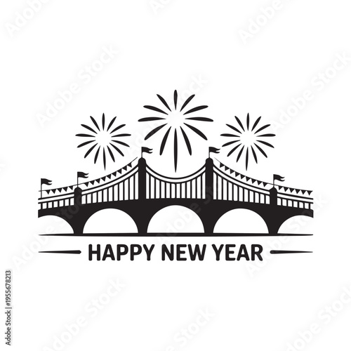 New year bridge fireworks celebration vector illustration happy new year text with flags and festive elements graphic
