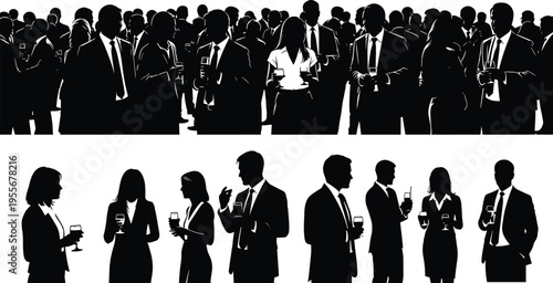 Business people silhouettes networking at corporate cocktail party event with professional men and women in suits holding drinks at office gala social gathering celebration