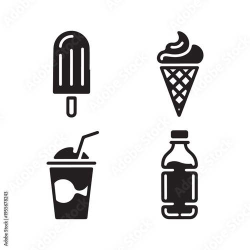 Set of four vector ice cream and drinks icons popsicle ice cream cone shake and bottle for refreshment and dessert
