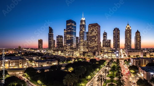 Panoramic View of Modern City Skyline at Dusk with Illuminated Skyscrapers and Palm Trees