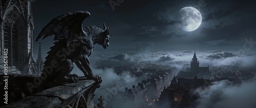 Gothic gargoyle stone statue cathedral architecture full moon and moonlight, fantasy fog city rooftop, ancient city dark night sky, dramatic cloud spooky atmosphere, gargoyle overlooks mystical
