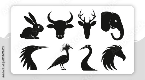 Curated collection of animal and bird silhouettes, featuring a rabbit, bull, deer, elephant, and diverse avian species, presented in a clean black graphic style