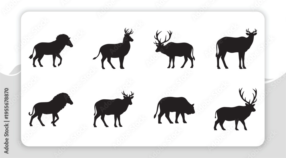 Obraz premium A captivating collection of large wild animal silhouettes, including majestic deer and powerful elk, depicted in various natural poses for diverse graphic design and educational applications