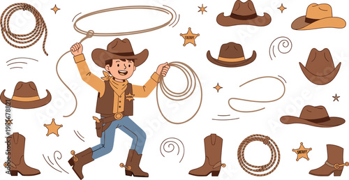 Cowboy western elements vector set with character hats boots lasso rope and sheriff stars for wild west design illustration