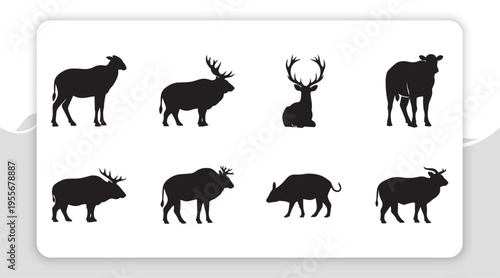 Collection of Diverse Farm and Wild Animal Silhouettes Including Sheep, Deer, and Boar