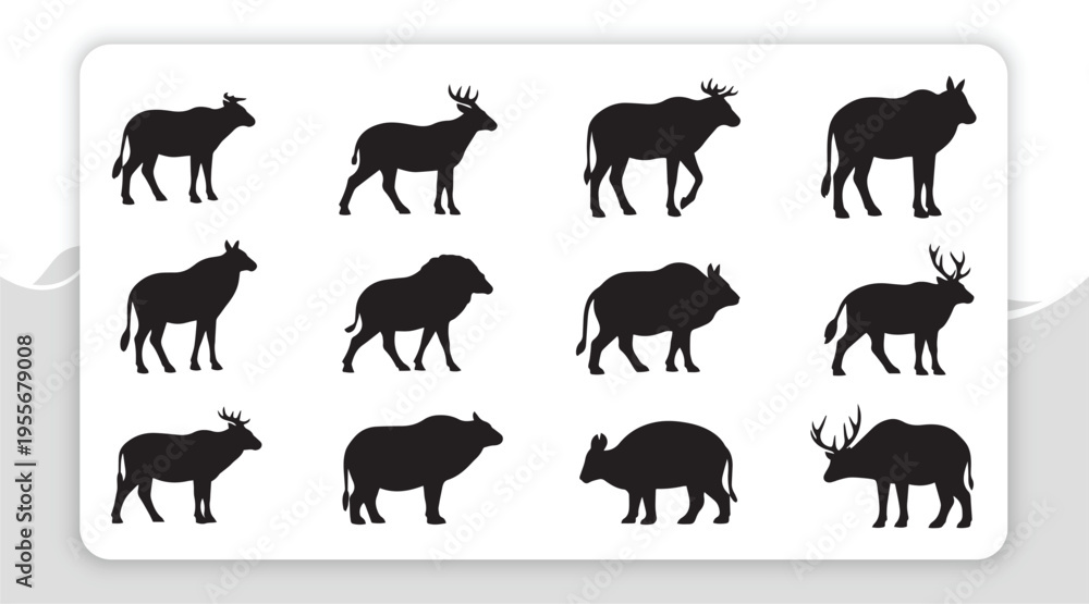 Fototapeta premium Collection of Diverse Wild Animal Silhouettes in Monochrome Vector Illustration Set