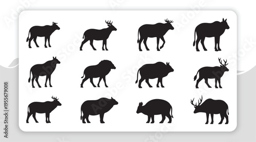 Collection of Diverse Wild Animal Silhouettes in Monochrome Vector Illustration Set