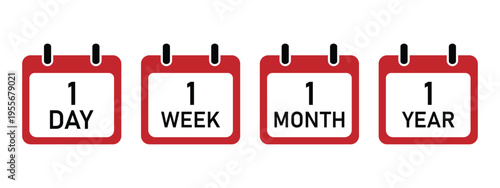 A set of calendar icons representing different time intervals in a flat, red and white design..