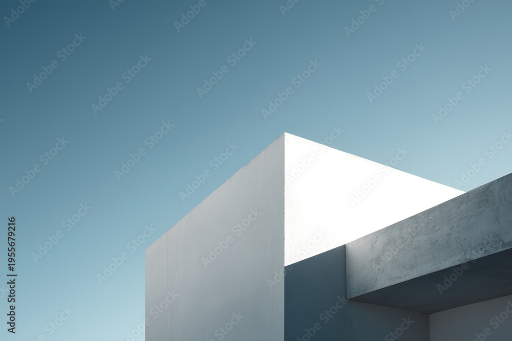 Fototapeta premium Modern architectural study. Minimalist geometry of white walls against a gradient sky, showing light and shadow play