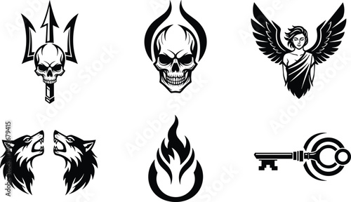 Dark fantasy icons set with skull trident horned skull winged angel howling wolves flaming fire and antique key vector illustrations for tattoo logo designs