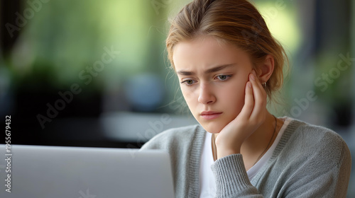 Distressed teenage girl in front of a laptop crying while reading hurtful cyberbullying messages, emotional stress from online harassment concept, defocused background, with copy