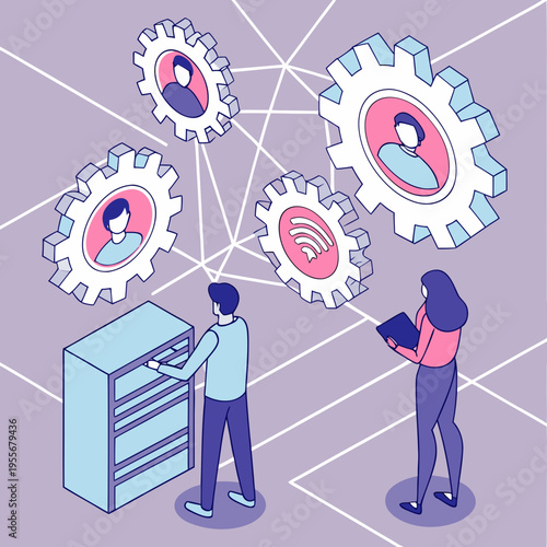 A vector graphic illustration of two people interacting with a filing cabinet and connected gears representing teamwork and network communication