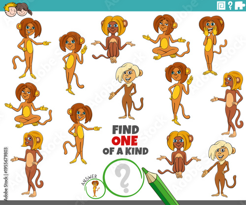 one of a kind puzzle activity with funny cartoon monkeys animals