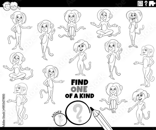 one of a kind puzzle activity with cartoon monkeys animals coloring page