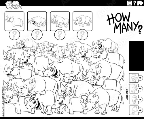counting game with cartoon rhinoceros animals coloring page