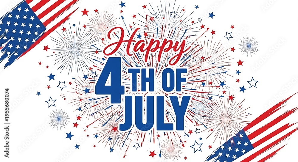 Fototapeta premium Festive happy 4th of july background illustration with american flag elements and bright fireworks