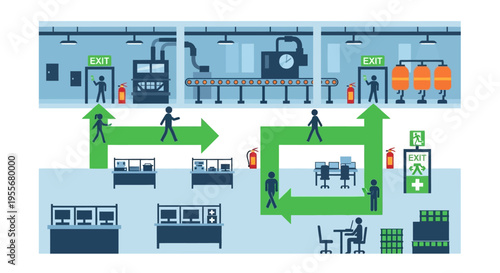 Industrial Factory Workflow, Production Process & Safety Diagram: Emergency Evacuation Route & Personnel Movement in Manufacturing Plant Layout