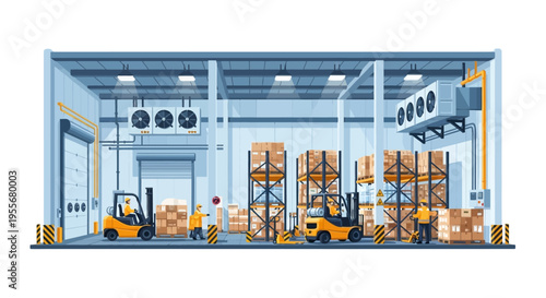 Industrial Cold Storage Warehouse Operations with Forklifts, Workers, and Pallets. Modern Logistics and Supply Chain Vector Illustration.