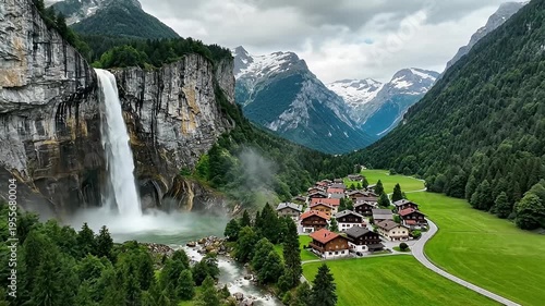 Picturesque Alpine Village Nestled Beside a Majestic Waterfall and Snow-Capped Mountains