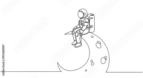 Astronaut Sitting on Crescent Moon, Minimalist Line Art, Space Exploration
