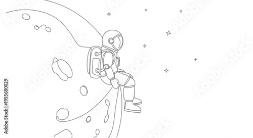 Astronaut sitting on moon with stars in background, minimalist line art