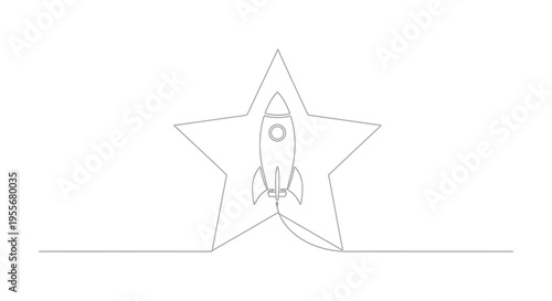 Rocket ship launching from a star, continuous line drawing, minimalist art, space exploration