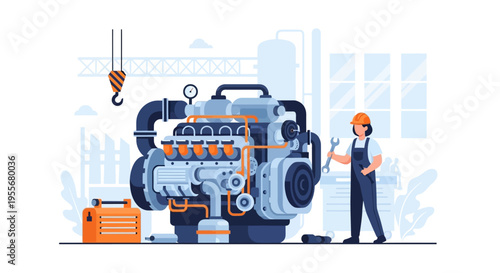 Skilled Female Mechanic Servicing Large Industrial Engine in Factory. Engineering, Maintenance, and Repair Concept with Tools.