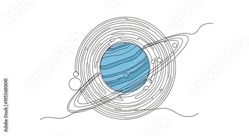 Stylized Blue Planet with Rings and Moons, Abstract Space Art