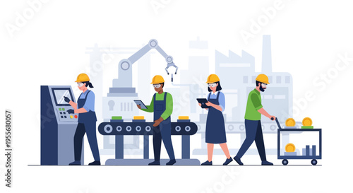 Diverse Factory Workers Managing Automated Production Line: Modern Manufacturing, Industry 4.0 & Technology