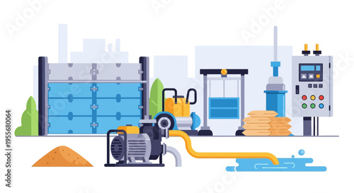 Water Treatment and Filtration System: Industrial Plant Process with Pumps, Materials, and Control Panel Illustration