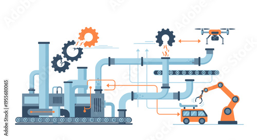 Smart Factory Automation Process with Robotic Arm, Drone, and Conveyor Belt System Illustration