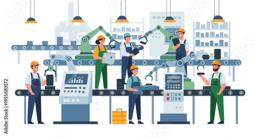 Modern Automated Factory Production Line with Industrial Robots and Human Workers for Efficient Manufacturing and Smart Industry Operations