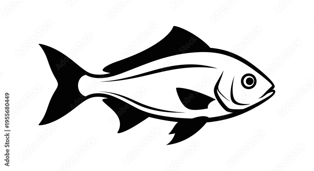 Obraz premium Stylized black and white illustration of a fish in side profile, depicting its body, fins, tail, eye, and mouth with clean lines.