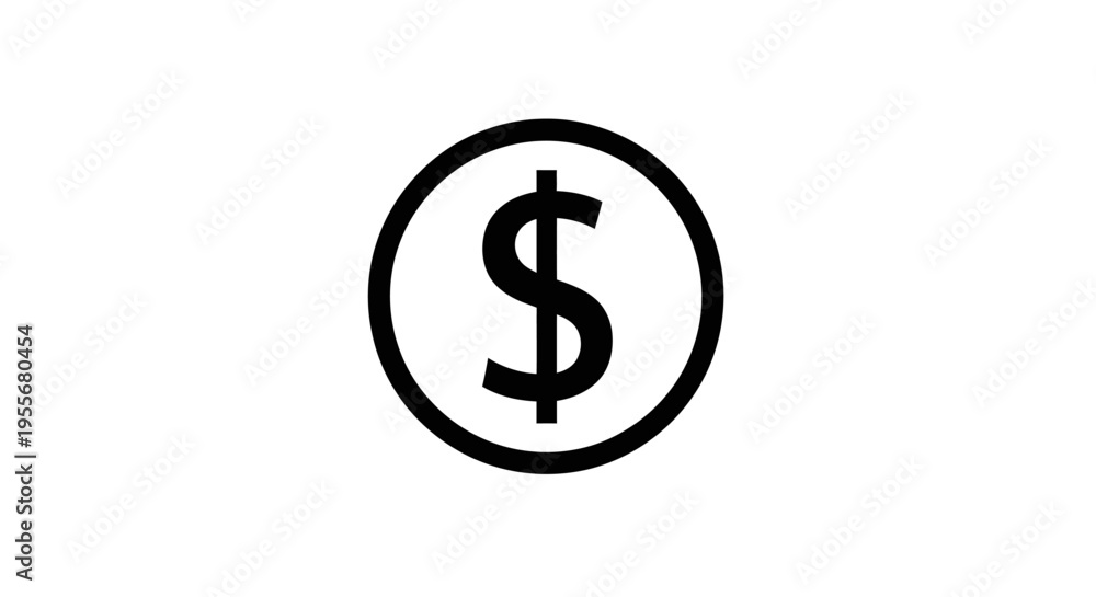 Fototapeta premium Black dollar sign symbol enclosed within a circular outline on a plain white background, representing currency or finance.