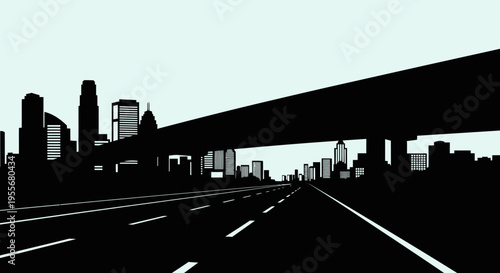 Stylized black and white silhouette of a modern city skyline with a wide highway leading into the distance and an elevated overpass.