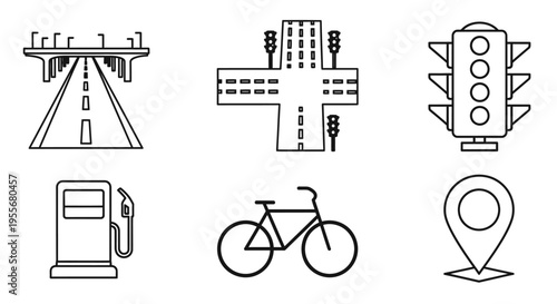 Line art icons depicting various elements of transport, road infrastructure, and navigation, including a highway, intersection, traffic light, gas pump, bicycle, and location pin.