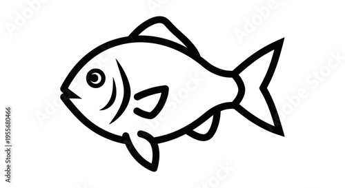 Simple black and white line art illustration of a generic fish swimming, depicted with fins, scales, and an eye.