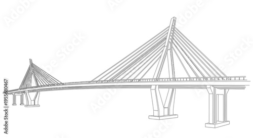 Wireframe drawing of a modern cable-stayed bridge with two prominent towers and numerous support cables, rendered in a minimalist style.