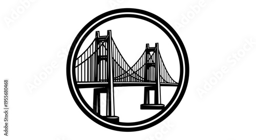 Black and white graphic illustration of a suspension bridge within a circular frame, depicting architectural structure and engineering.