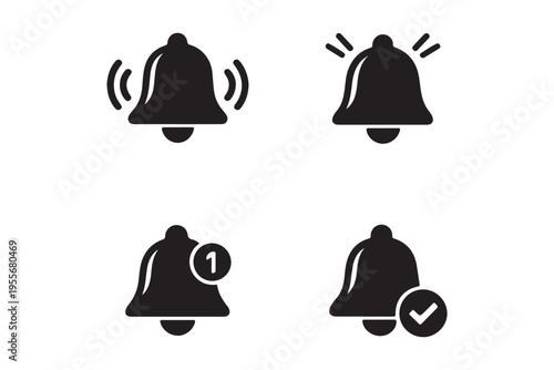 Notification alert bell icons in red square and circle backgrounds for mobile app reminders incoming messages and alarms,