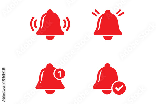 Notification alert bell icons in red square and circle backgrounds for mobile app reminders incoming messages and alarms,