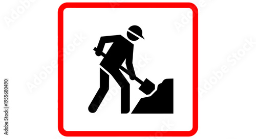 Black silhouette of a construction worker digging with a shovel, set within a white square with a red border, indicating work in progress.