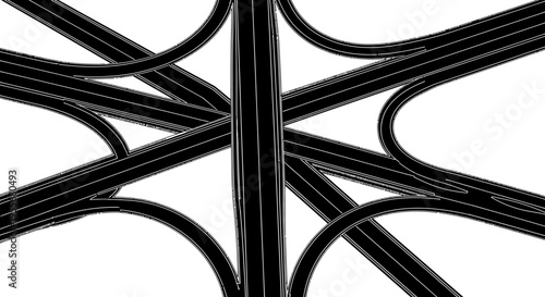 Complex black and white graphic illustration of a multi-level highway interchange with numerous roads and ramps.