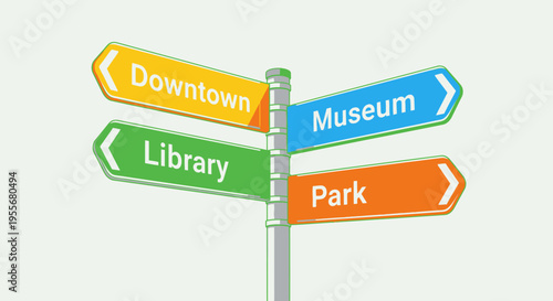 A colorful signpost with four directional arrows pointing towards Downtown, Museum, Library, and Park, indicating various destinations.